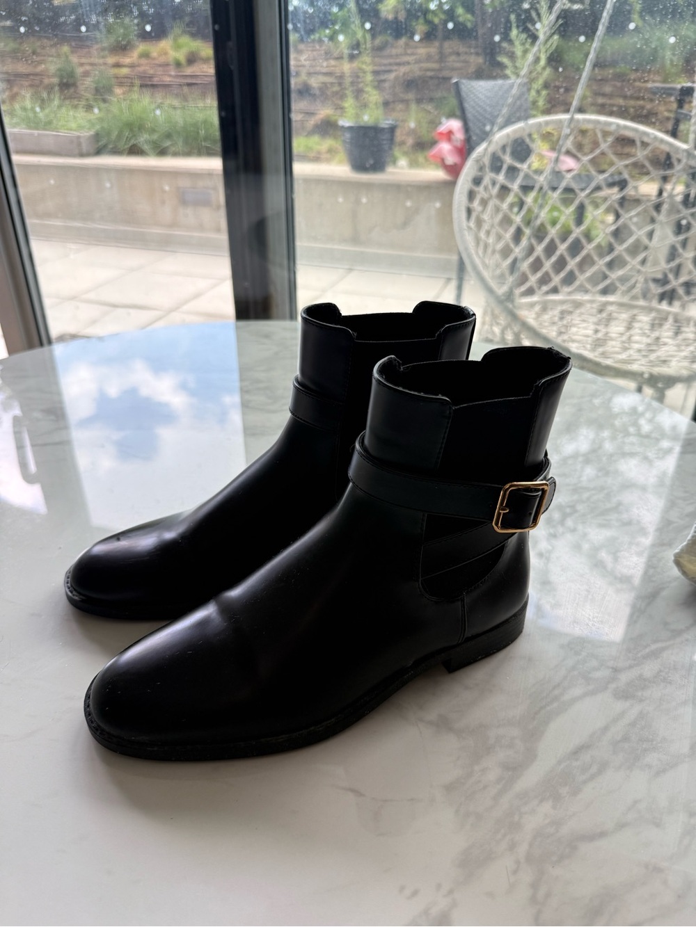 Mango Black Leather women ’s Ankle Boots with Gold Buckle Accent